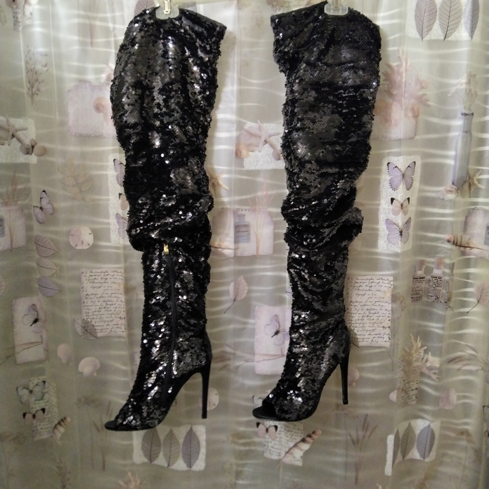 CAMSSOO Thigh High Sequins Over The Knee Open Toe Stiletto Boots - Picture 5 of 15